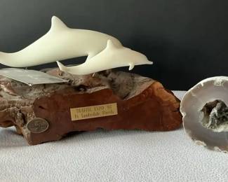 John Perry Dolphin with Calf Sculpture Agate Geode