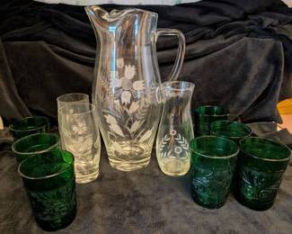 Vintage Anchor Hocking Forest Green Glassware, Etched Glass Pitcher More