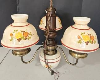 Vintage Three Light Floral Milk Glass Hanging Chandelier