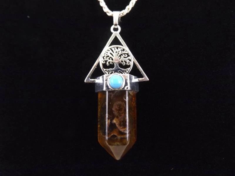 .925 Sterling Silver Tigers Eye, Tree of Life, Trinity Healing Crystal Pendant Rope Necklace