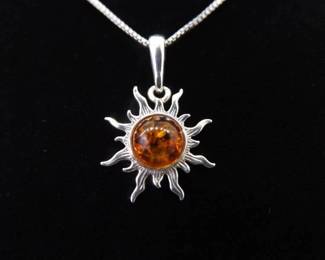 .925 Sterling Silver Amber Cabochon Sun Pendant Necklace