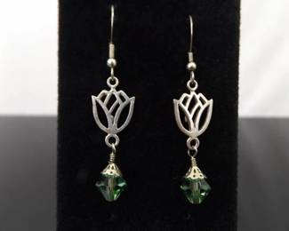 .925 Sterling Silver Peridot Crystal Lotus Flower Dangle Hook Earrings