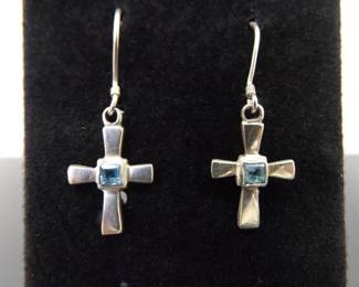 .925 Sterling Silver Topaz Cross Dangle Hook Earrings