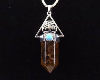 .925 Sterling Silver Tigers Eye, Tree of Life, Trinity Healing Crystal Pendant Rope Necklace