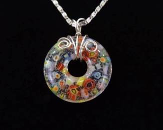 .925 Sterling Silver Murano Millifiori Pendant Greek Key Link Necklace