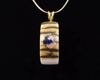.925 Sterling Silver Larger Bone Carved Inlayed Gems Vermeil Pendant Necklace