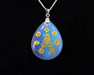 .925 Sterling Silver Opalite Cabochon Chakra Pendant Necklace