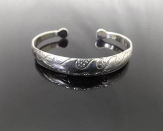 .925 Sterling Silver Carved Waves Bangle Bracelet