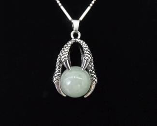 .925 Sterling Silver Jade Ball Dragon Claw Pendant Necklace