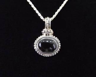 .925 Sterling Silver Black Onyx Cabochon Pendant Thicker Rope Necklace