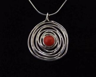 .925 Sterling Silver Red Coral Cabochon Spiral Web Pendant Necklace
