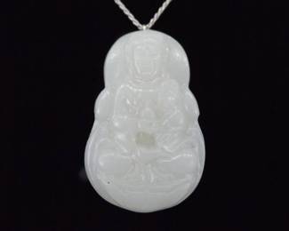 .925 Sterling Silver Larger Carved Stone Buddha Pendant Necklace