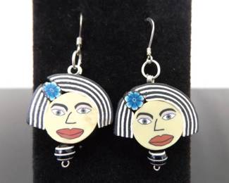 .925 Sterling Silver Lady Face Dangle Hook Earrings