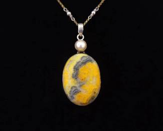 .925 Sterling Silver Pearl Accented Bumblebee Jasper Cabochon Pendant Necklace