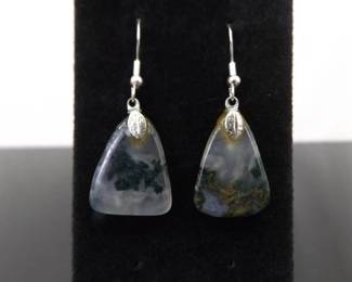 .925 Sterling Silver Green Moss Agate Dangle Hook Earrings