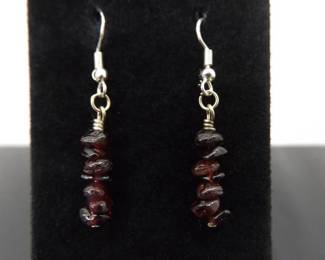 .925 Sterling Silver Semi Polished Raw Garnet Dangle Hook Earrings