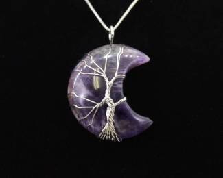 .925 Sterling Silver Amethyst Moon Steel Wire Tree of Life Pendant Necklace