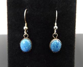 .925 Sterling Silver Denim Lapis Cabochon Dangle Hook Earrings