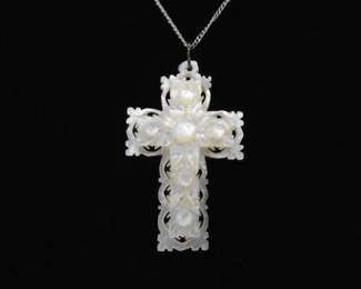 .925 Sterling Silver Carved Mother of Pearl Cross Pendant Necklace