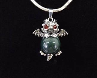 .925 Sterling Silver Garnet Eyed, Jade Ball, Baby Dragon Pendant Thick Rope 16.25" Necklace
