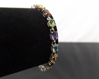 .925 Sterling Silver Multi Colored Stone Tennis Bracelet