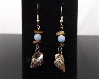 .925 Sterling Silver Tigers Eye and Blue Lace Agate Accented Shell Hook Earrings