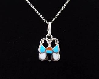 .925 Sterling Silver Turquoise, Onyx, Coral, and Mother of Pearl Butterfly Navajo Pendant Necklace