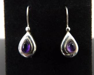 .925 Sterling Silver Amethyst Cabochon Hook Earrings