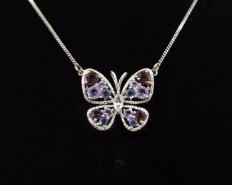 .925 Sterling Silver Amethyst Crystal Butterfly Pendant Necklace