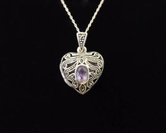 .925 Sterling Silver Art Nouveau Amethyst Heart Locket Pendant Necklace