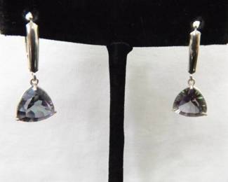 .925 Sterling Silver Trillion Cut Swarovski Mystic Crystal Hinged Hook Dangle Earrings