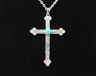 .925 Sterling Silver Hand Hammered Turquoise Cabochon Cross Pendant Necklace