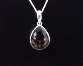.925 Sterling Silver Larger Faceted Smokey Quartz Pendant Necklace