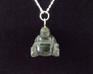 .925 Sterling Silver Green Jade Carved Buddha Pendant Necklace