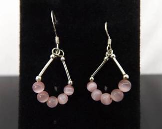 .925 Sterling Silver Pink Cats Eye Dangle Hook Earrings