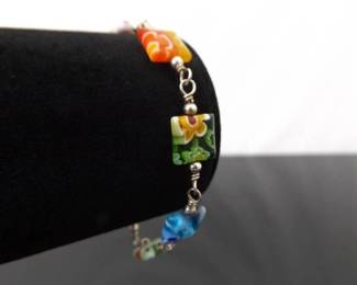 .925 Sterling Silver Milti Colored Murano Millefiori Bracelet