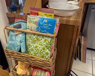 ROLLING WICKER CART & KITCHEN LINENS