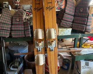 Stearns Sans Souci vintage life jackets, Lund Capri wooden water skis 