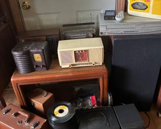 old radios, recork player, lots of 45's