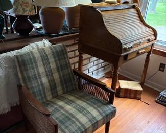 1960's chair and small rolltop desk, on trend large bulbus  lamps