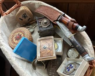 Old Walpole baskets vintage knives, Masonic Jewelry, Pocket watches, antique bank, Puss and Boots baby silerware, Masonic belt buckles, Weske and Buck knives