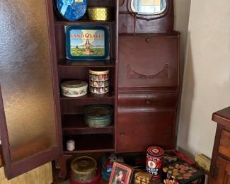 Oak Secretary with collection of tins