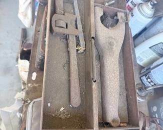 Toolbox tray w/ pipe wrench & tools — $30