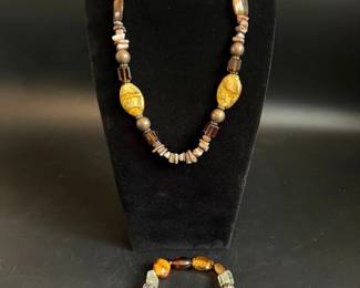 Glass and Pottery Beaded Necklace and Bracelet Set