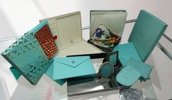 TIFFANY & CO. ASSORTED LOT — VINTAGE STORE DISPLAY PIECES, STERLING FRAMES & SILK SCARF, 20C