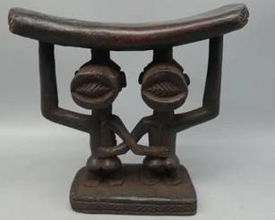 CENTRAL AFRICAN CONGO LUBA PEOPLE DOUBLEFIGURE TRIBAL HEADREST HANDCARVED ETHNOGRAPHIC ART