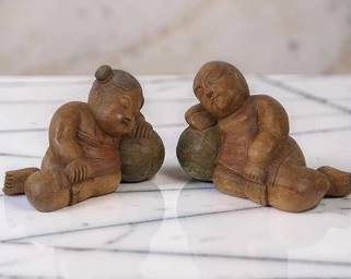LARGE PAIR OF ASIAN CHINESE WOODEN PILLOW FIGURES SCULPTURES – VINTAGE