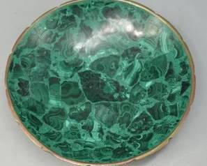 NTAGE MALACHITE BOWL WITH SCALLOPED BRONZE MOUNT LUXURIOUS MINERAL ART OBJECT