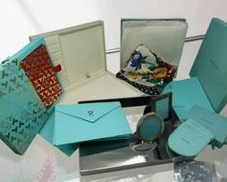TIFFANY & CO. ASSORTED LOT — VINTAGE STORE DISPLAY PIECES, STERLING FRAMES & SILK SCARF, 20C