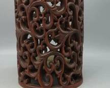CHINESE RETICULATED BRUSH POT – HAND‑CARVED WOOD, SCHOLAR'S DESK OBJECT